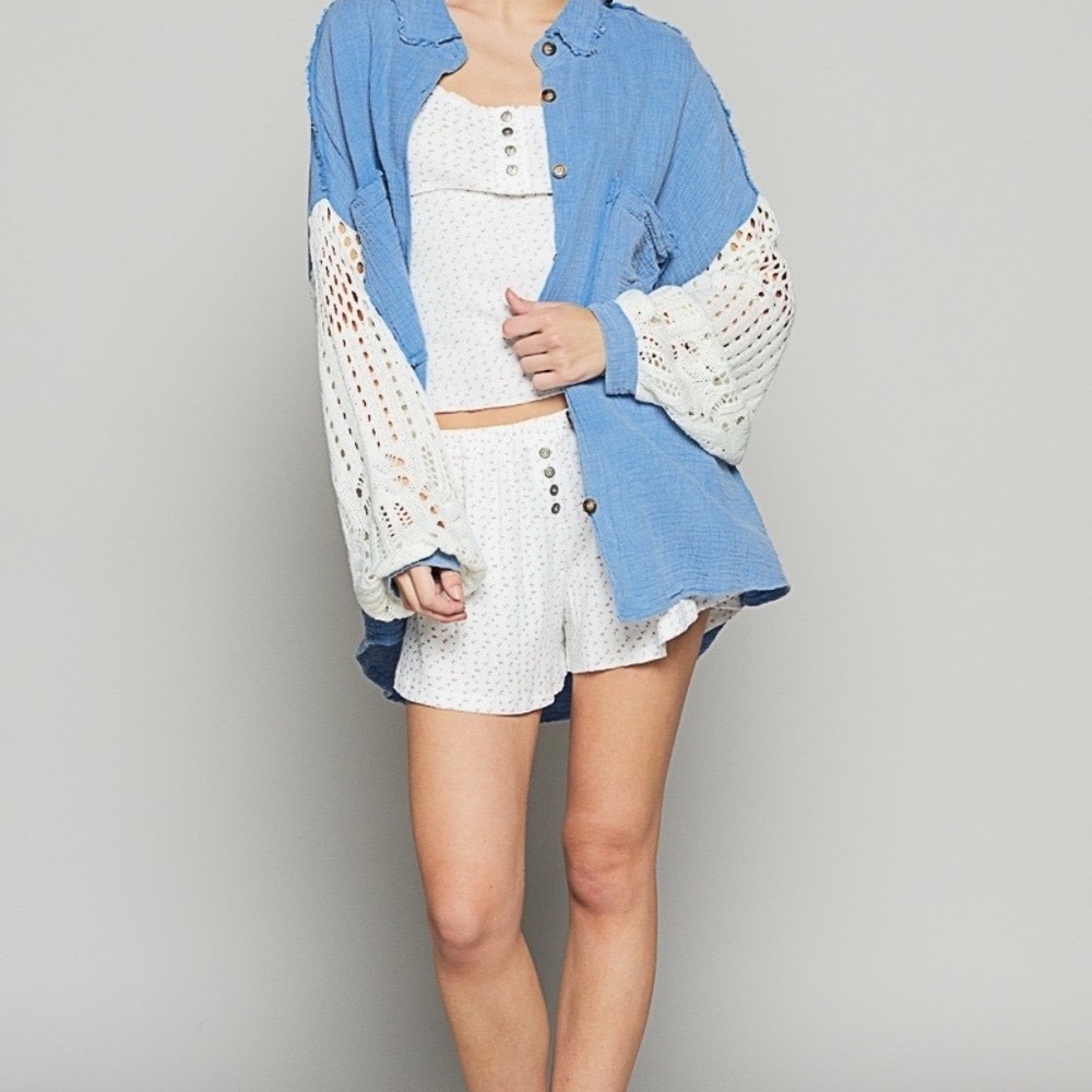 New POL Clothing Women's Gauze Knit Button Down Front Shacket Oversized Blue - Picture 6 of 10